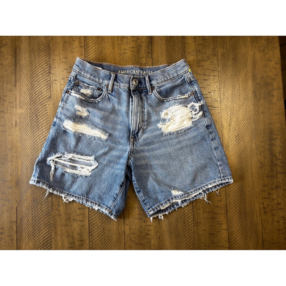 American Eagle Womens Distressed Denim Shorts Blue High Waisted Size 6 Raw Hem